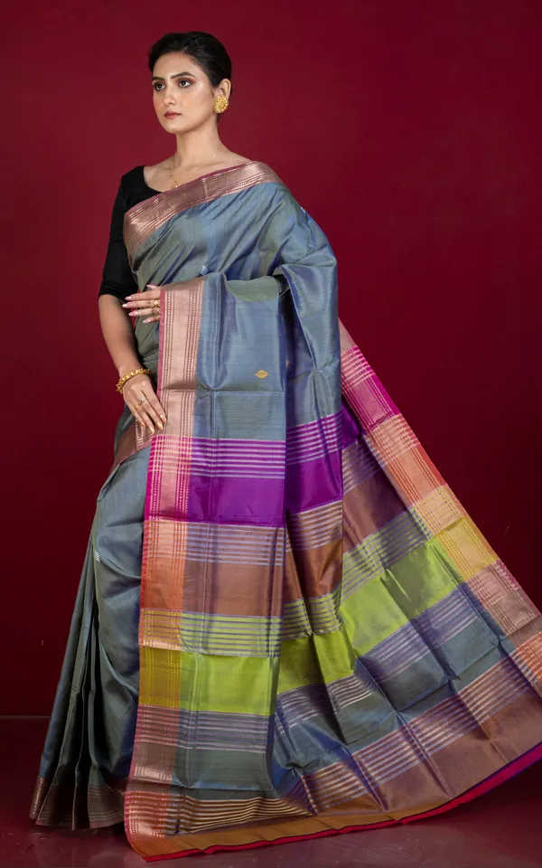Hand_Woven_Bishnupuri_Chatai_Medium_Border_Katan_Silk_Saree_In_Grey_Pale_Red_And_Multicolor