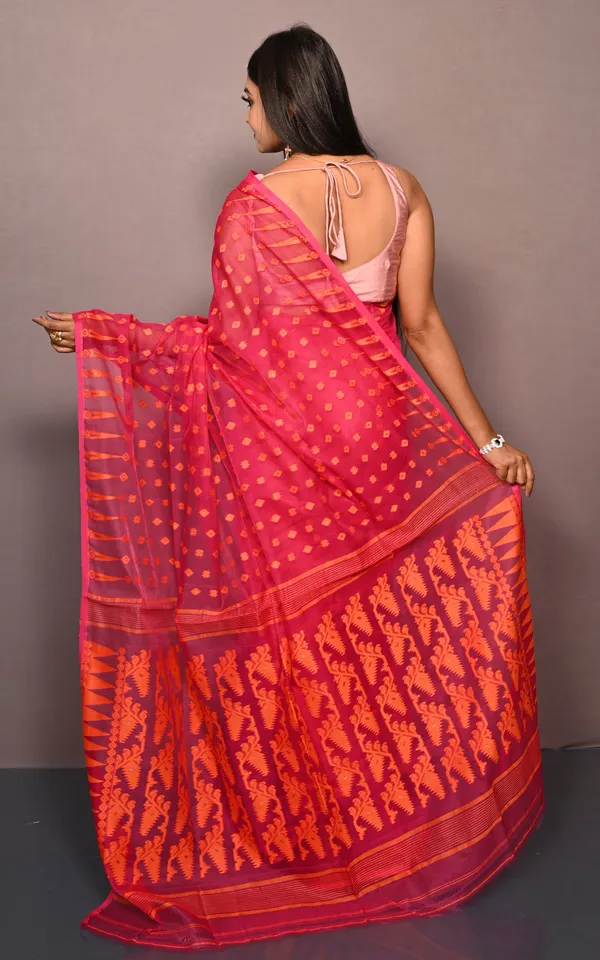 Soft_Woven_Jamdani_Saree_In_Hot_Pink_And_Orange
