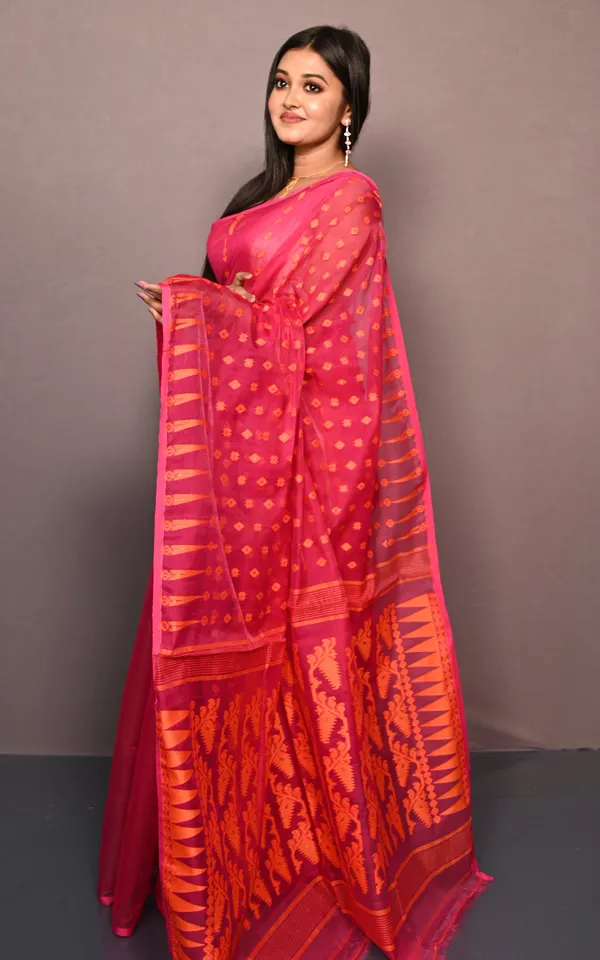 Soft_Woven_Jamdani_Saree_In_Hot_Pink_And_Orange
