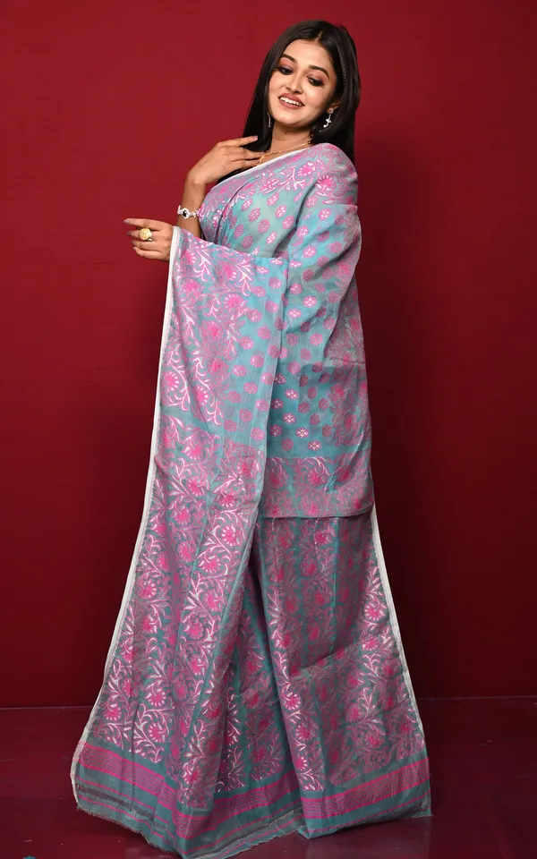 Traditional_Soft_Jamdani_Saree_In_Powder_Blue_Hot_Pink_And_Gold