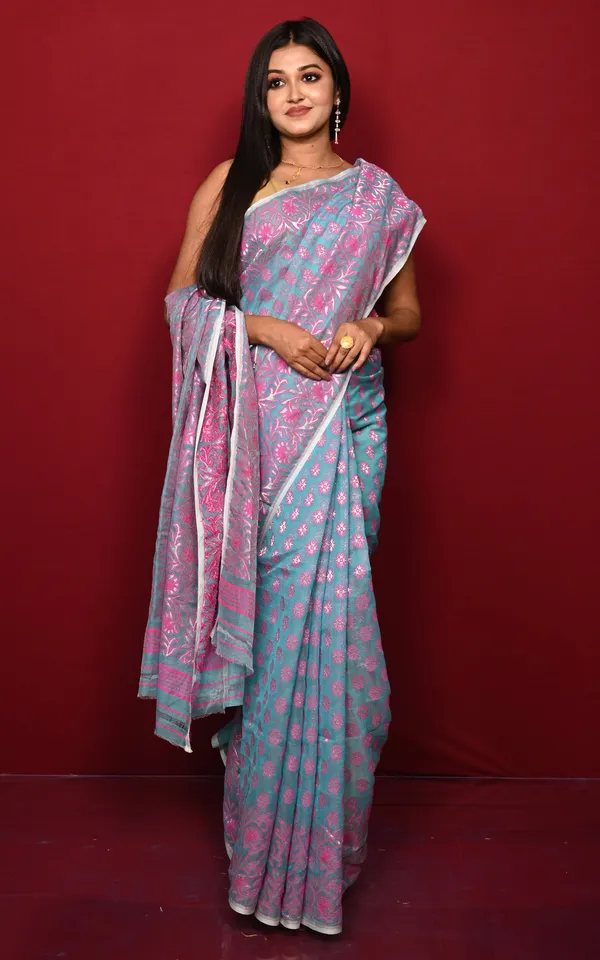 Traditional_Soft_Jamdani_Saree_In_Powder_Blue_Hot_Pink_And_Gold