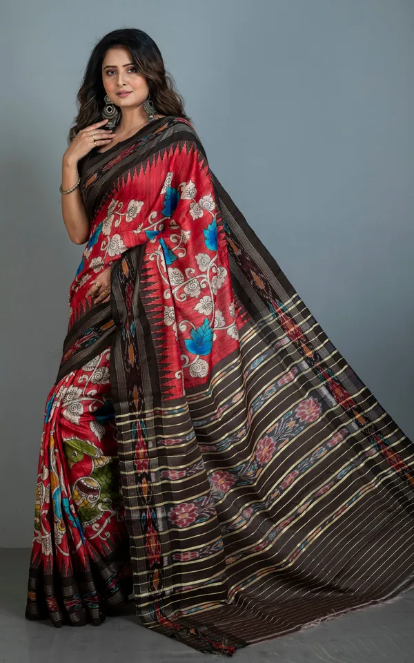 Hand_Painted_Pen_Kalamkari_Over_Sambalpuri_Tussar_Kotki_Silk_Saree_In_Red_Dark_Brown_And_Multicolor