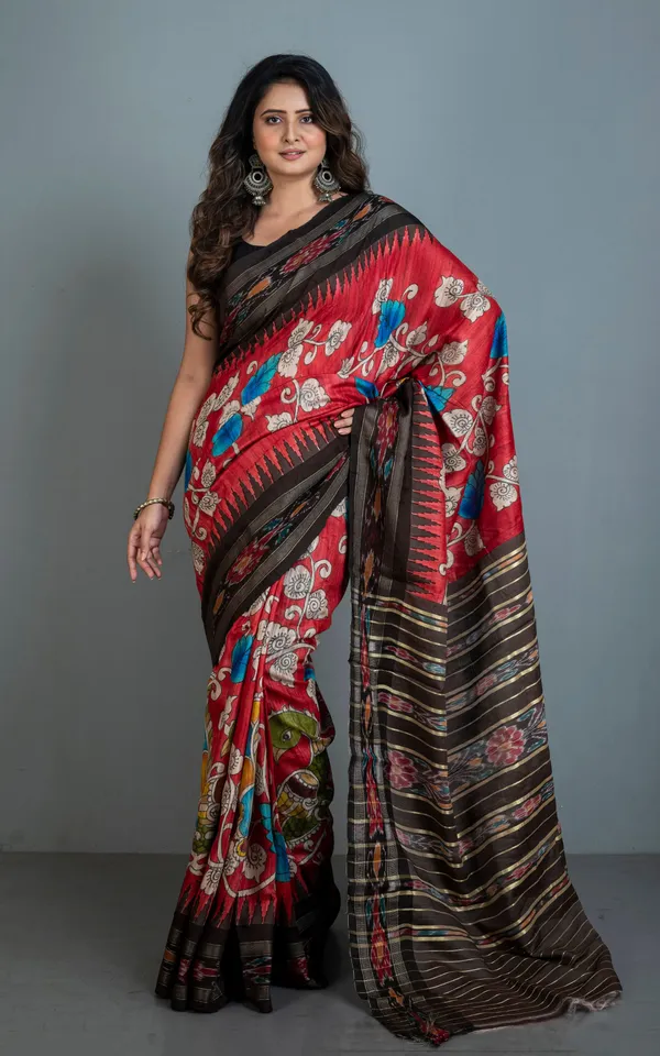 Hand_Painted_Pen_Kalamkari_Over_Sambalpuri_Tussar_Kotki_Silk_Saree_In_Red_Dark_Brown_And_Multicolor
