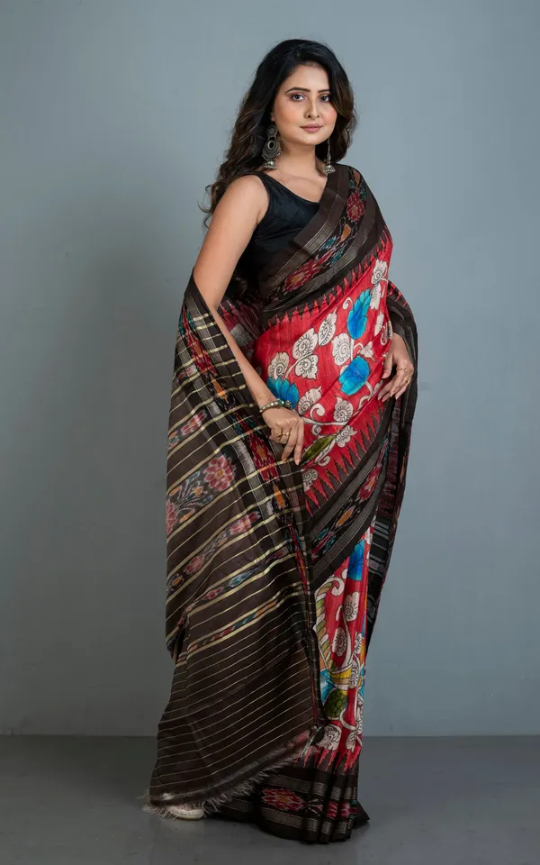 Hand_Painted_Pen_Kalamkari_Over_Sambalpuri_Tussar_Kotki_Silk_Saree_In_Red_Dark_Brown_And_Multicolor