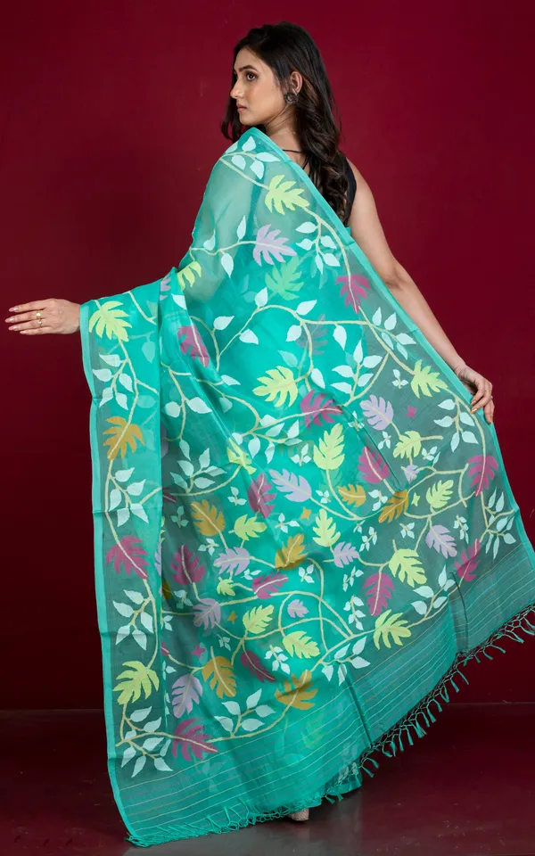 Premium_Quality_Jangla_Jaal_Work_Muslin_Silk_Dhakai_Jamdani_Saree_In_Sea_Green_Off_White_And_Multicolor_Thread_Work