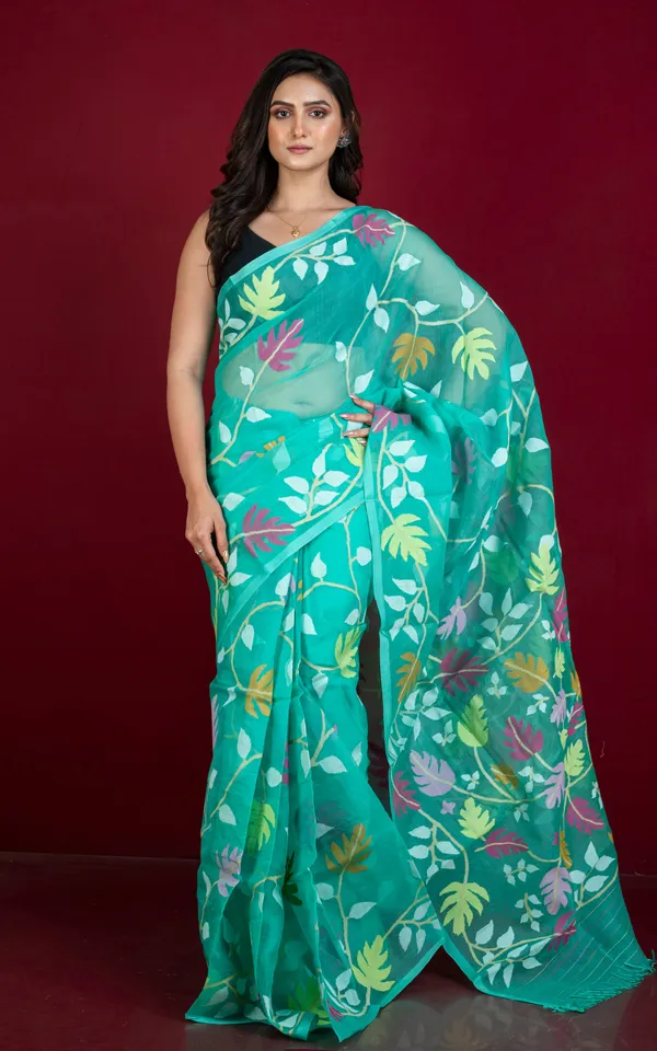 Premium_Quality_Jangla_Jaal_Work_Muslin_Silk_Dhakai_Jamdani_Saree_In_Sea_Green_Off_White_And_Multicolor_Thread_Work