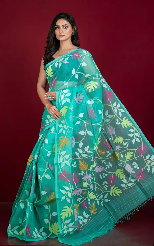 Premium_Quality_Jangla_Jaal_Work_Muslin_Silk_Dhakai_Jamdani_Saree_In_Sea_Green_Off_White_And_Multicolor_Thread_Work