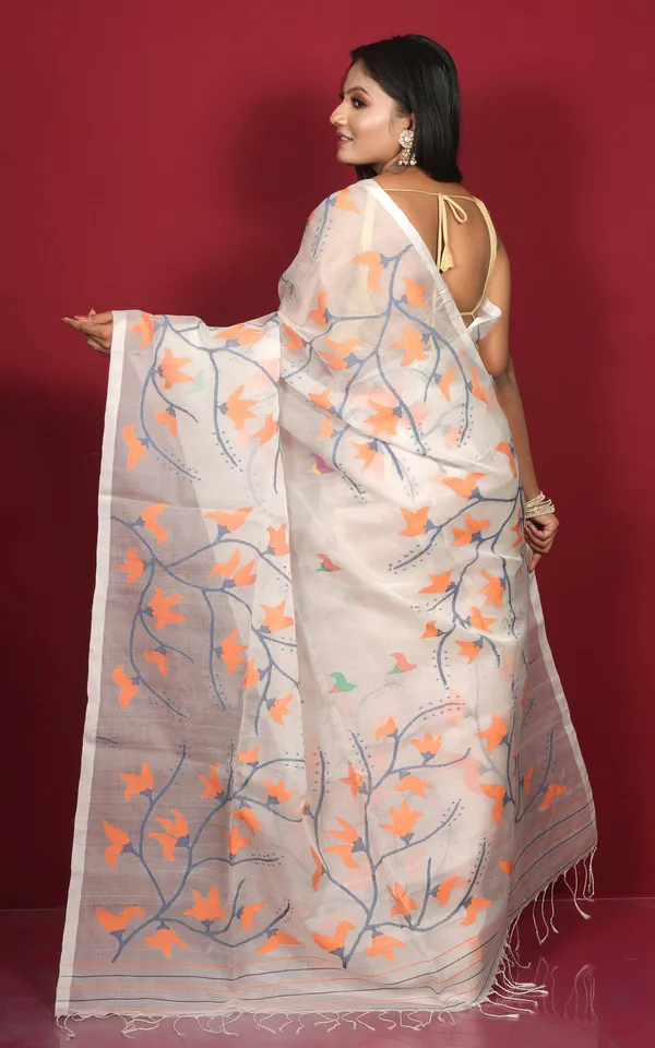 Premium_Quality_Hand_Woven_Floral_Jaal_Nakshi_Work_Muslin_Silk_Dhakai_Jamdani_Saree_In_Off_White_Orange_And_Multicolor_Meenakari_Thread_Work