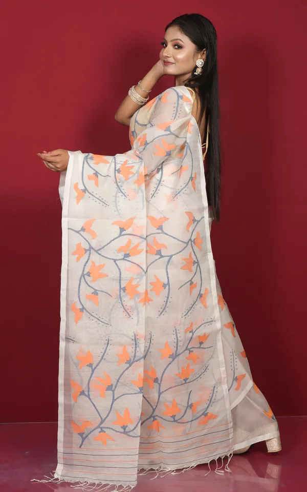 Premium_Quality_Hand_Woven_Floral_Jaal_Nakshi_Work_Muslin_Silk_Dhakai_Jamdani_Saree_In_Off_White_Orange_And_Multicolor_Meenakari_Thread_Work