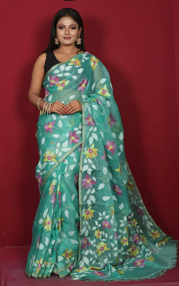 Premium_Quality_Jangla_Jaal_Work_Muslin_Silk_Dhakai_Jamdani_Saree_In_Sea_Green_Off_White_And_Multicolor_Thread_Work
