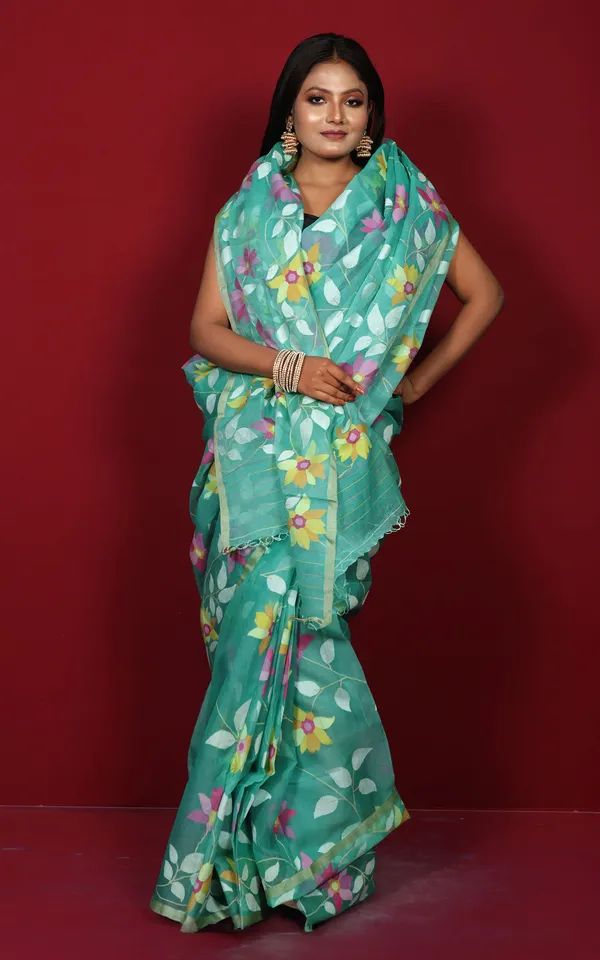Premium_Quality_Jangla_Jaal_Work_Muslin_Silk_Dhakai_Jamdani_Saree_In_Sea_Green_Off_White_And_Multicolor_Thread_Work