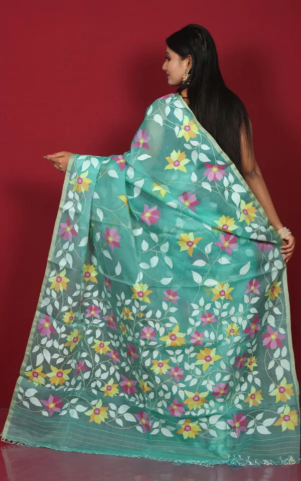 Premium_Quality_Jangla_Jaal_Work_Muslin_Silk_Dhakai_Jamdani_Saree_In_Sea_Green_Off_White_And_Multicolor_Thread_Work
