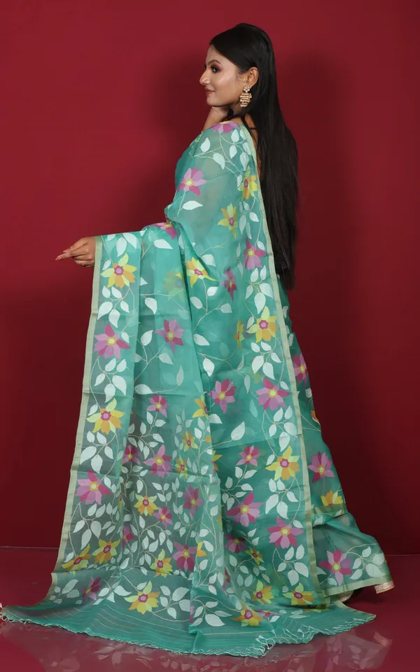 Premium_Quality_Jangla_Jaal_Work_Muslin_Silk_Dhakai_Jamdani_Saree_In_Sea_Green_Off_White_And_Multicolor_Thread_Work