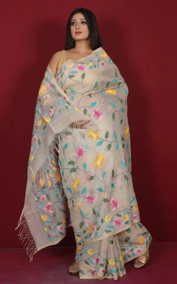 Premium_Quality_Jangla_Jaal_Work_Muslin_Silk_Dhakai_Jamdani_Saree_In_Antique_White_And_Multicolor_Thread_Work