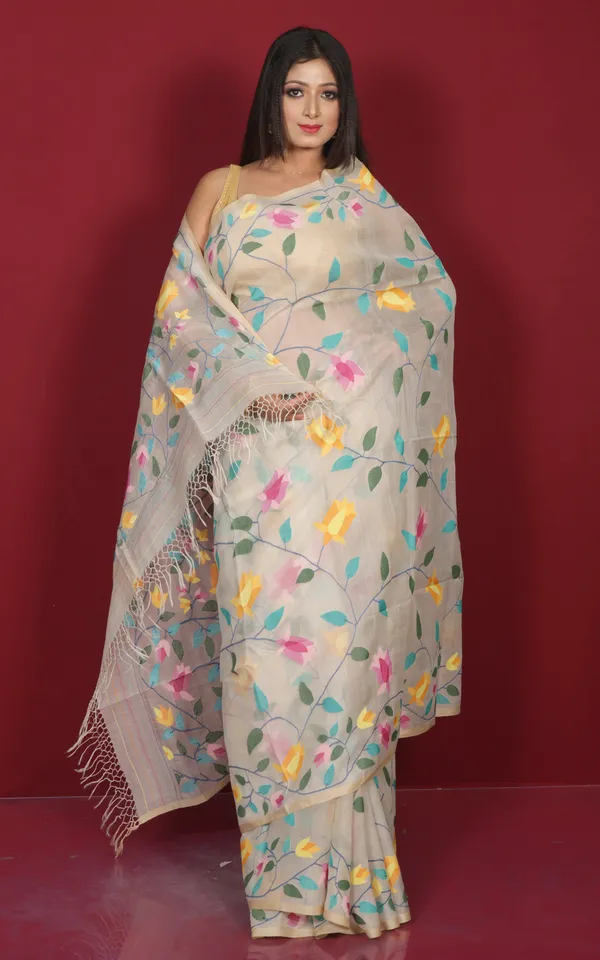 Premium_Quality_Jangla_Jaal_Work_Muslin_Silk_Dhakai_Jamdani_Saree_In_Antique_White_And_Multicolor_Thread_Work
