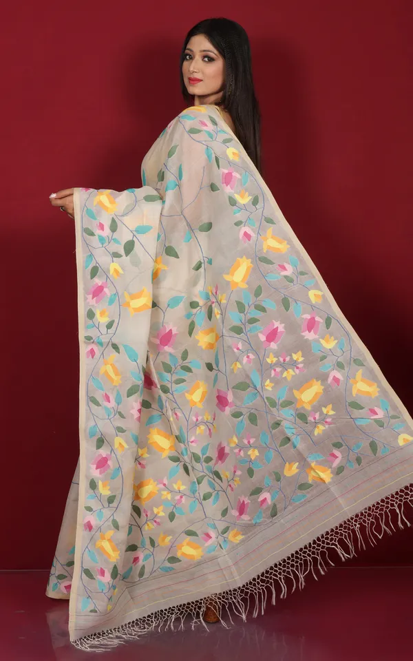 Premium_Quality_Jangla_Jaal_Work_Muslin_Silk_Dhakai_Jamdani_Saree_In_Antique_White_And_Multicolor_Thread_Work
