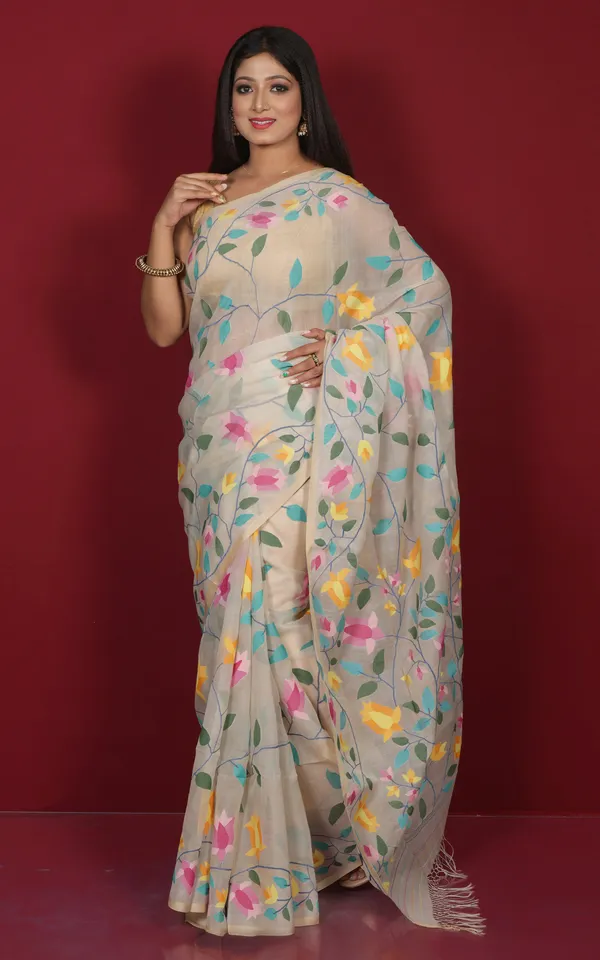 Premium_Quality_Jangla_Jaal_Work_Muslin_Silk_Dhakai_Jamdani_Saree_In_Antique_White_And_Multicolor_Thread_Work