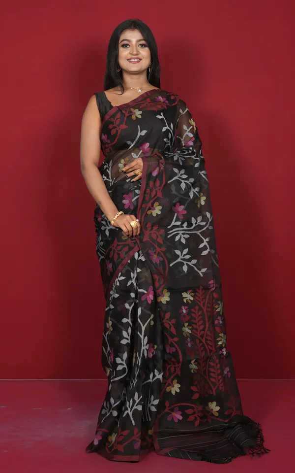 Premium_Quality_Jangla_Jaal_Work_Muslin_Silk_Dhakai_Jamdani_Saree_In_Black_Red_White_And_Multicolor_Thread_Work