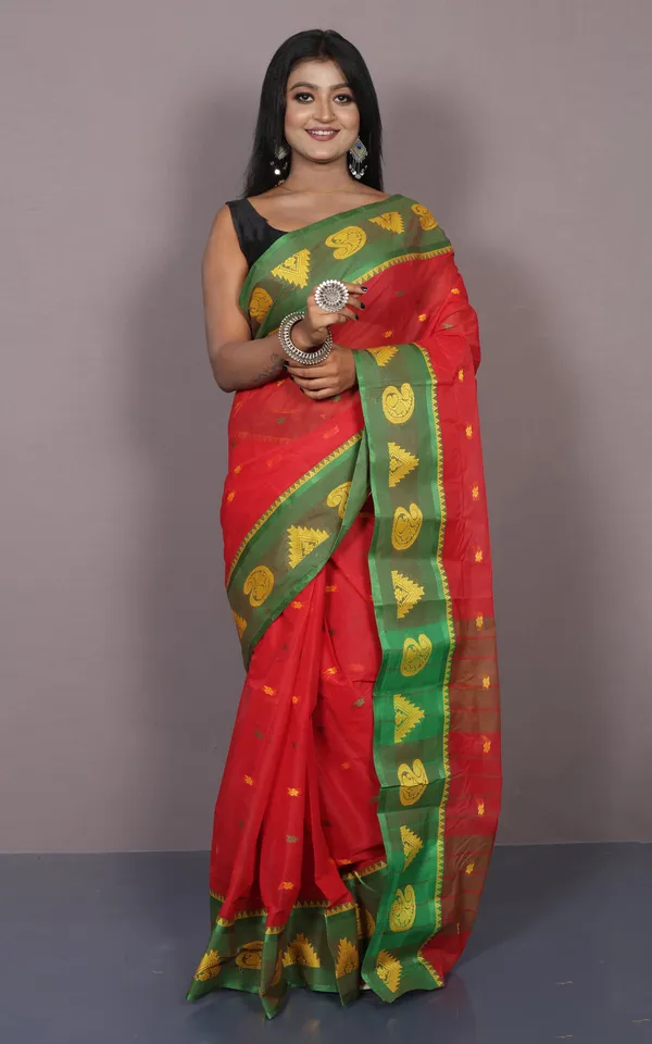 Bengal_Tangail_Cotton_Saree_In_Red_Green_And_Matte_Yellow