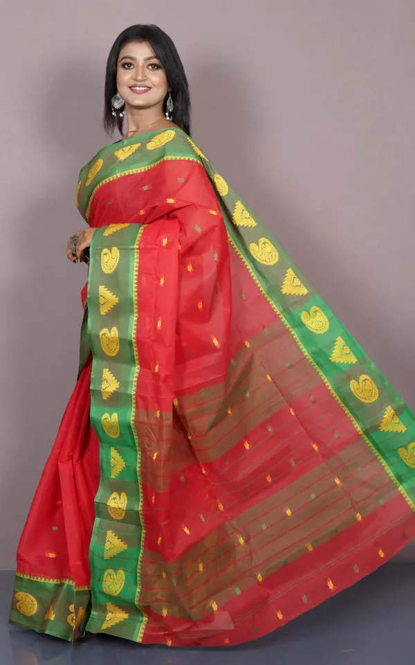 Bengal_Tangail_Cotton_Saree_In_Red_Green_And_Matte_Yellow
