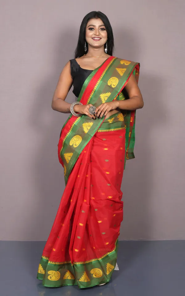 Bengal_Tangail_Cotton_Saree_In_Red_Green_And_Matte_Yellow