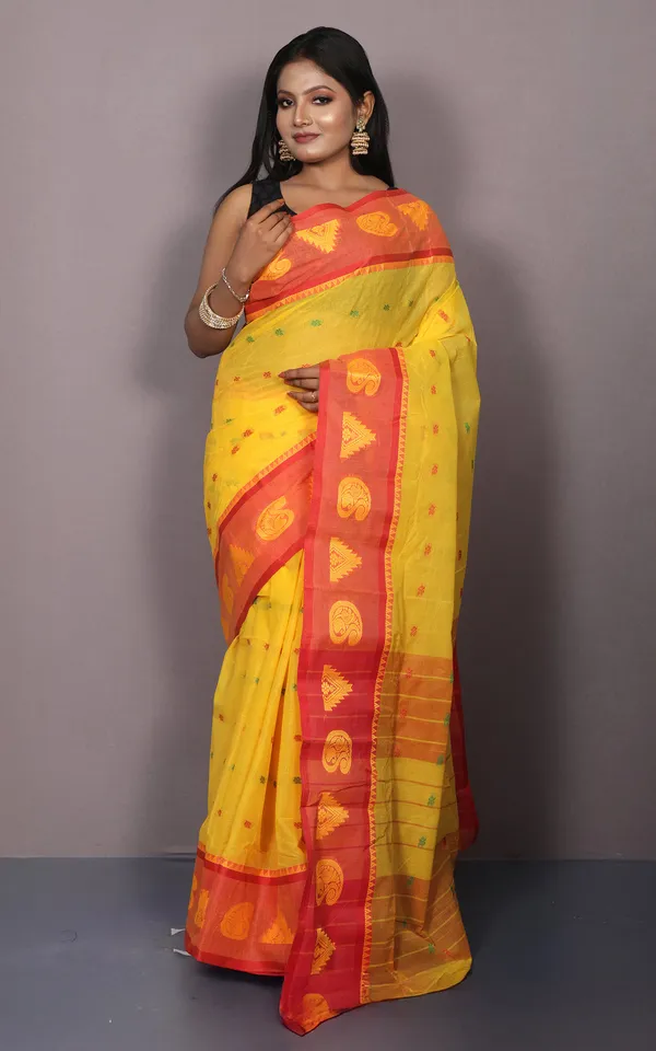 Bengal_Tangail_Cotton_Saree_In_Yellow_Red_Green_And_Matte_Yellow