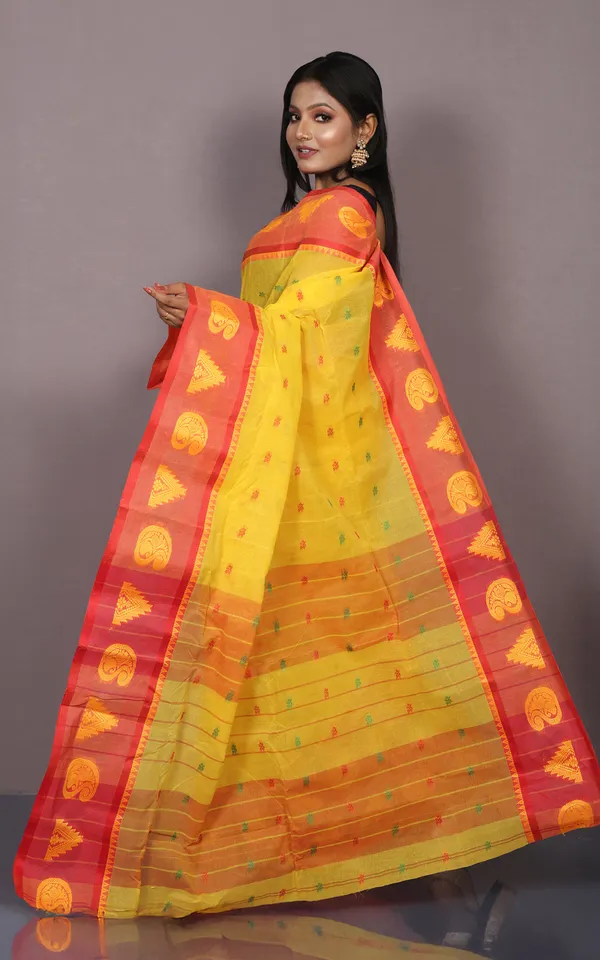 Bengal_Tangail_Cotton_Saree_In_Yellow_Red_Green_And_Matte_Yellow