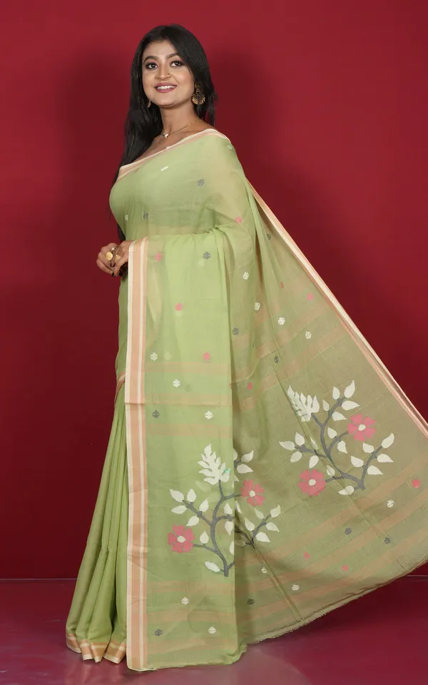 Hand_Woven_Cotton_Jamdani_Saree_In_Pastel_Green_Sand_Beige_And_Multicolor_Thread_Work