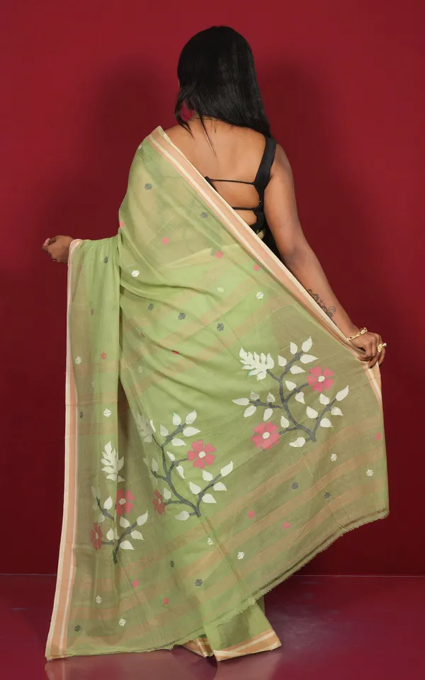 Hand_Woven_Cotton_Jamdani_Saree_In_Pastel_Green_Sand_Beige_And_Multicolor_Thread_Work
