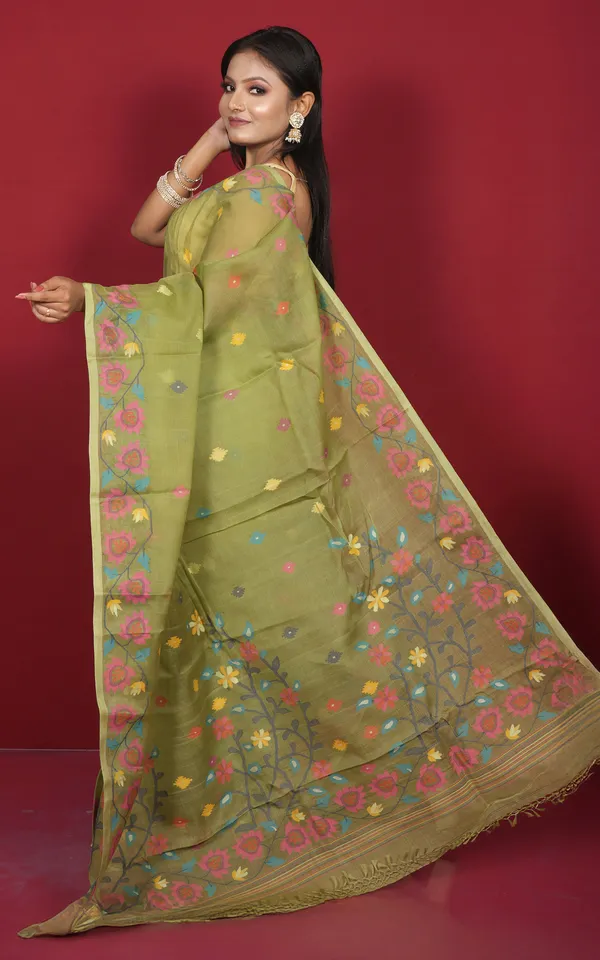 Premium_Quality_Hand_Woven_Floral_Nakshi_Work_Muslin_Silk_Dhakai_Jamdani_Saree_In_Pista_Green_Hot_Pink_And_Multicolor_Meenakari_Thread_Work