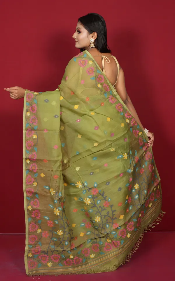 Premium_Quality_Hand_Woven_Floral_Nakshi_Work_Muslin_Silk_Dhakai_Jamdani_Saree_In_Pista_Green_Hot_Pink_And_Multicolor_Meenakari_Thread_Work