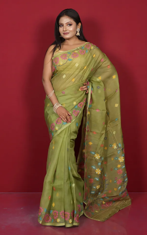 Premium_Quality_Hand_Woven_Floral_Nakshi_Work_Muslin_Silk_Dhakai_Jamdani_Saree_In_Pista_Green_Hot_Pink_And_Multicolor_Meenakari_Thread_Work