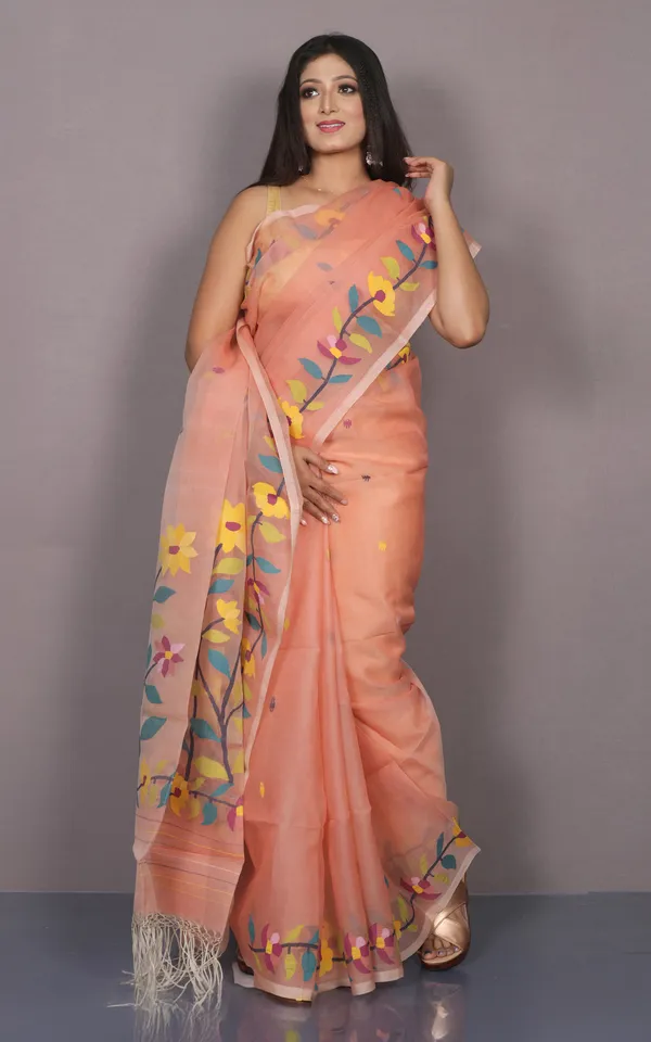 Premium_Quality_Hand_Woven_Floral_Nakshi_Work_Muslin_Silk_Dhakai_Jamdani_Saree_In_Apricot_Peach_Black_And_Multicolor_Meenakari_Thread_Work