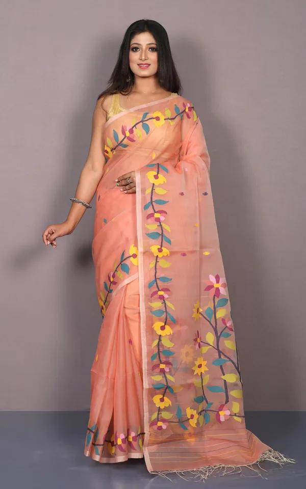Premium_Quality_Hand_Woven_Floral_Nakshi_Work_Muslin_Silk_Dhakai_Jamdani_Saree_In_Apricot_Peach_Black_And_Multicolor_Meenakari_Thread_Work