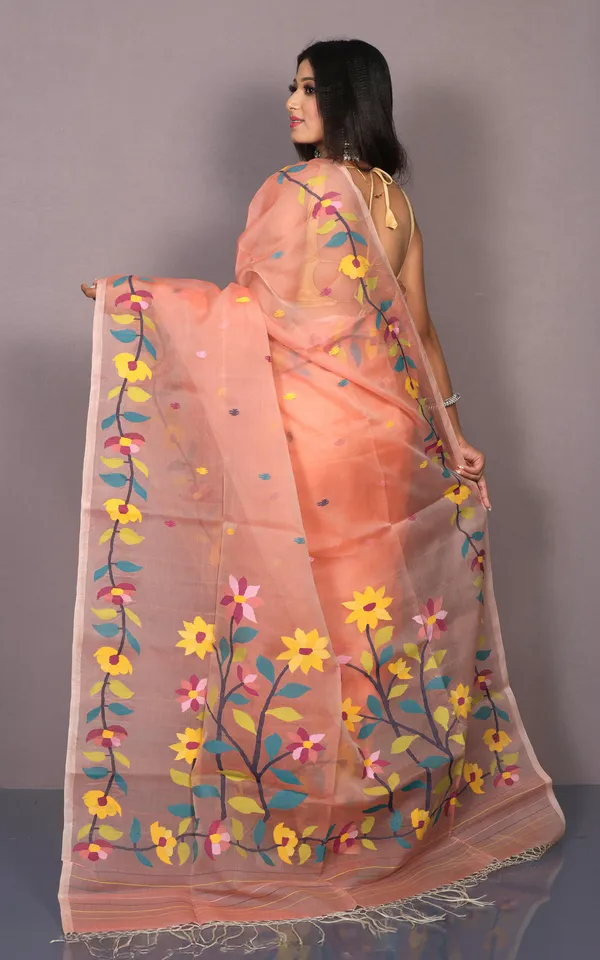 Premium_Quality_Hand_Woven_Floral_Nakshi_Work_Muslin_Silk_Dhakai_Jamdani_Saree_In_Apricot_Peach_Black_And_Multicolor_Meenakari_Thread_Work