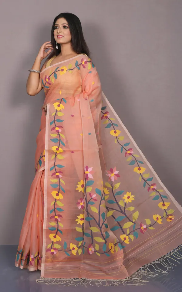 Premium_Quality_Hand_Woven_Floral_Nakshi_Work_Muslin_Silk_Dhakai_Jamdani_Saree_In_Apricot_Peach_Black_And_Multicolor_Meenakari_Thread_Work