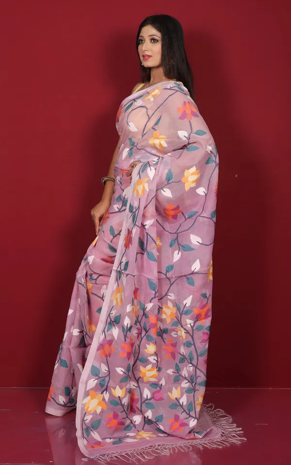 Premium_Quality_Jangla_Jaal_Lotus_Motif_Work_Muslin_Silk_Dhakai_Jamdani_In_Purple_Pink_Off_White_And_Multicolor_Thread_Work
