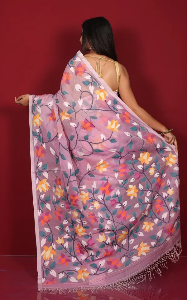 Premium_Quality_Jangla_Jaal_Lotus_Motif_Work_Muslin_Silk_Dhakai_Jamdani_In_Purple_Pink_Off_White_And_Multicolor_Thread_Work
