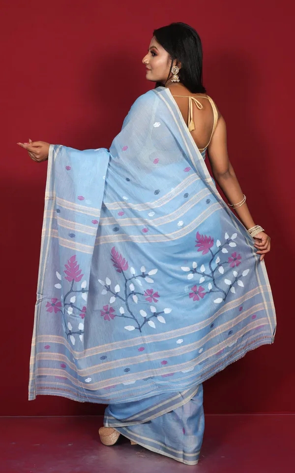 Hand_Woven_Cotton_Jamdani_Saree_In_Powder_Blue_Ecru_And_Multicolor_Thread_Work