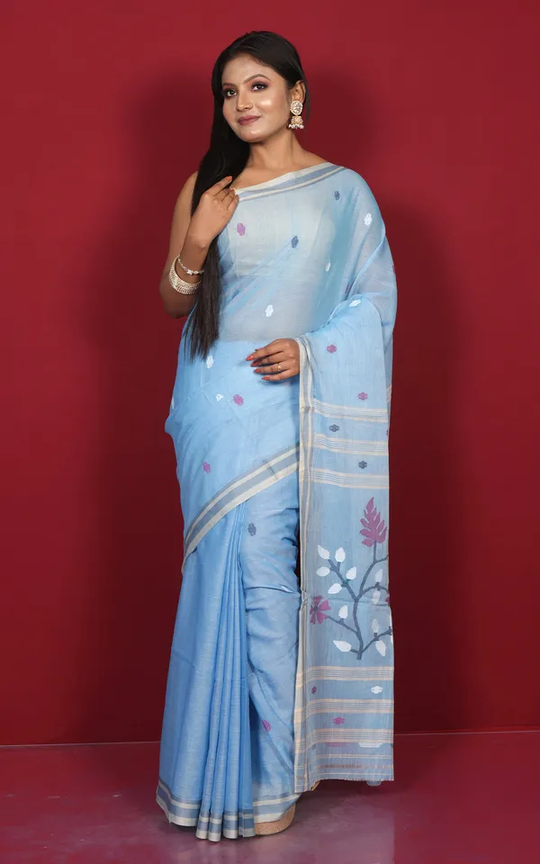 Hand_Woven_Cotton_Jamdani_Saree_In_Powder_Blue_Ecru_And_Multicolor_Thread_Work
