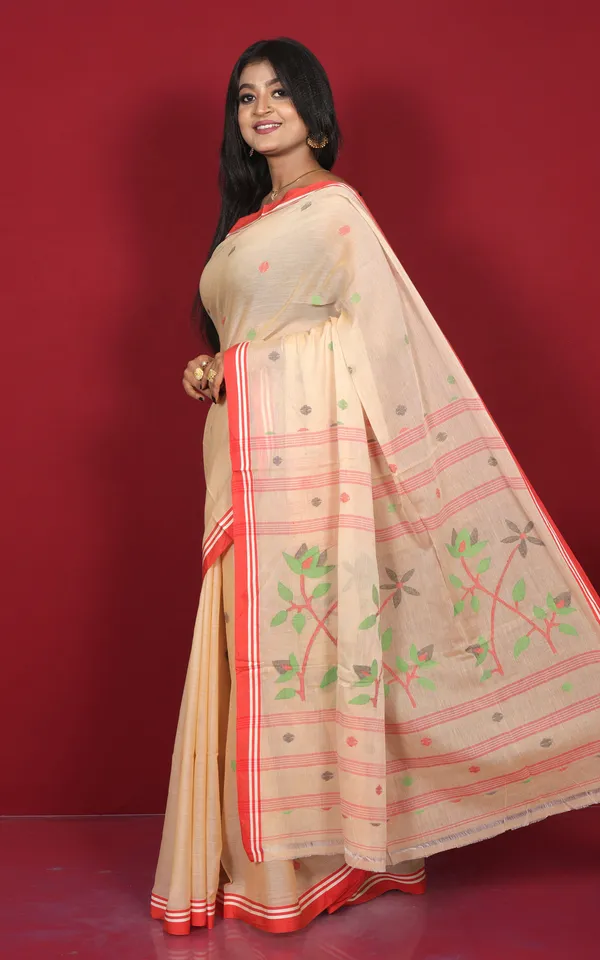 Hand_Woven_Cotton_Jamdani_Saree_In_Parmesan_Off_White_Red_And_Multicolor_Thread_Work