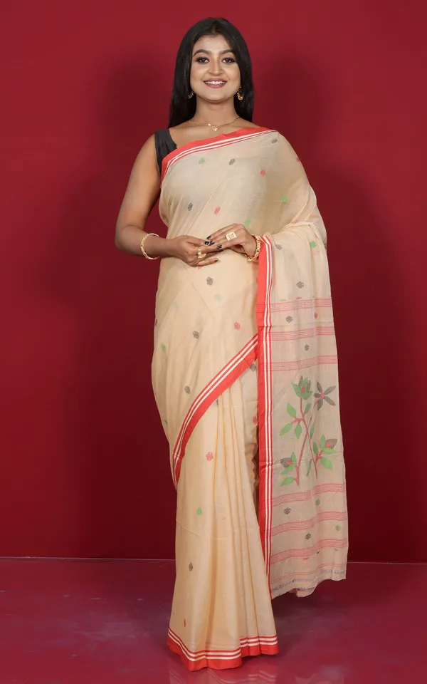 Hand_Woven_Cotton_Jamdani_Saree_In_Parmesan_Off_White_Red_And_Multicolor_Thread_Work