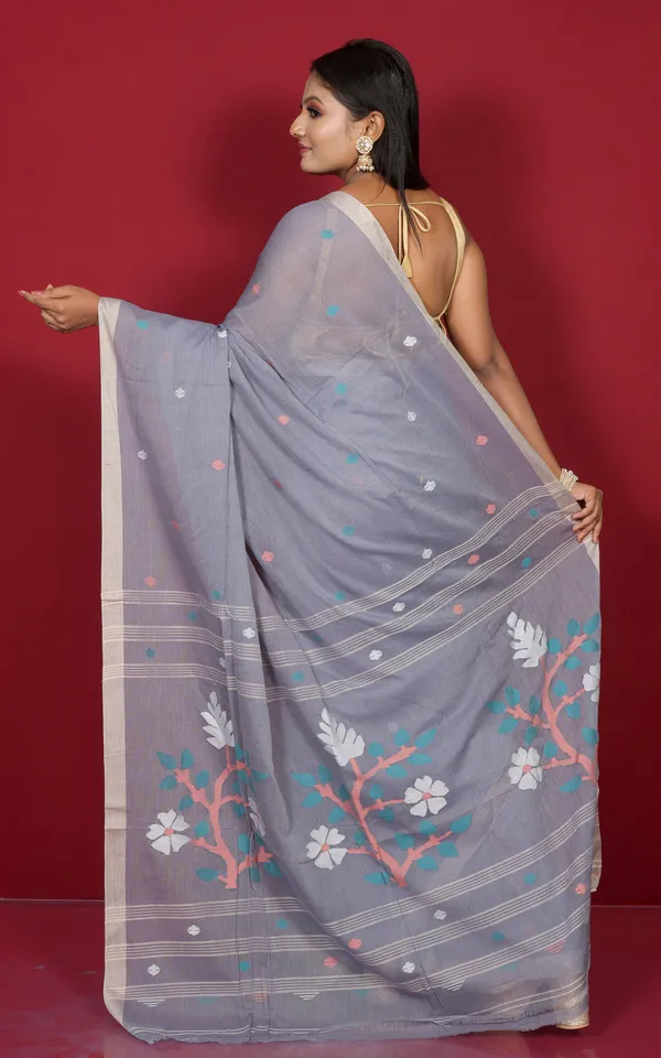 Hand_Woven_Cotton_Jamdani_Saree_In_Slate_Grey_Ecru_And_Multicolor_Thread_Work