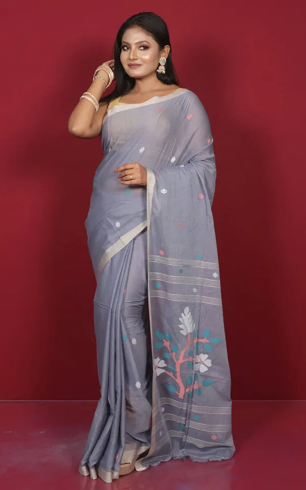 Hand_Woven_Cotton_Jamdani_Saree_In_Slate_Grey_Ecru_And_Multicolor_Thread_Work