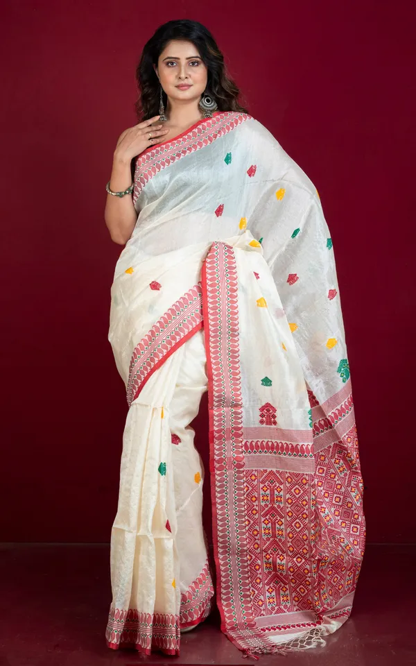 Premium_Quality_Tussar_Silk_Nakshi_Work_Saree_In_Off_White_Red_Green_And_Bright_Yellow