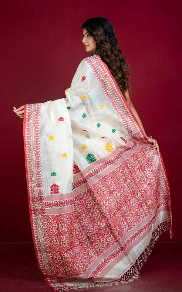 Premium_Quality_Tussar_Silk_Nakshi_Work_Saree_In_Off_White_Red_Green_And_Bright_Yellow
