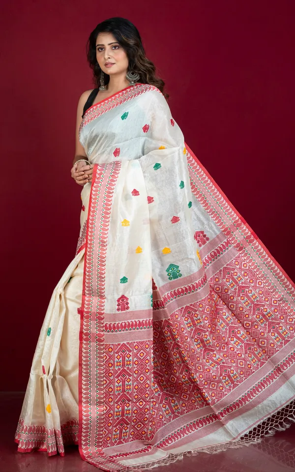 Premium_Quality_Tussar_Silk_Nakshi_Work_Saree_In_Off_White_Red_Green_And_Bright_Yellow