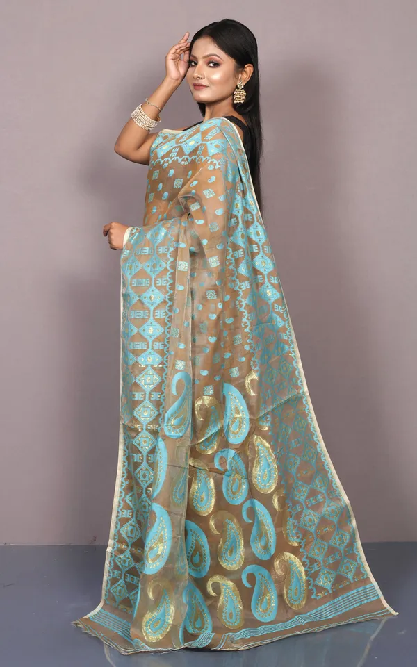 Traditional_Soft_Jamdani_Saree_In_Light_Brown_Sky_Blue_And_Gold