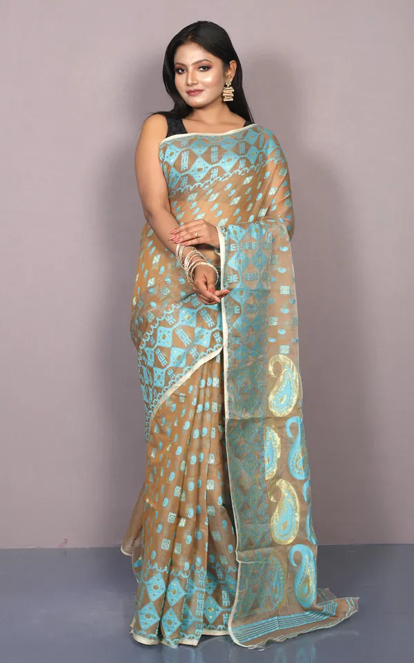 Traditional_Soft_Jamdani_Saree_In_Light_Brown_Sky_Blue_And_Gold