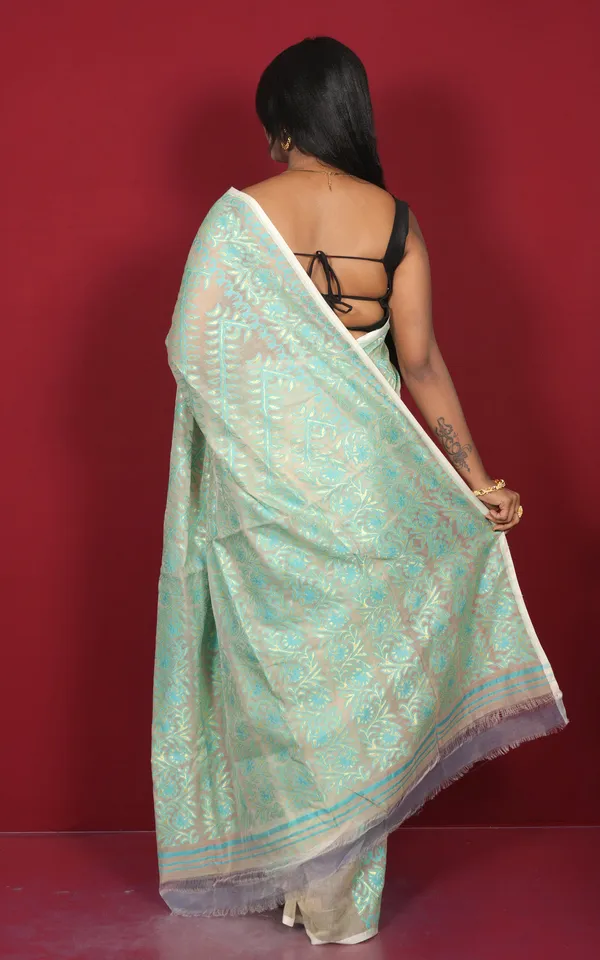 Traditional_Soft_Jamdani_Saree_In_Linen_White_Sea_Green_And_Gold